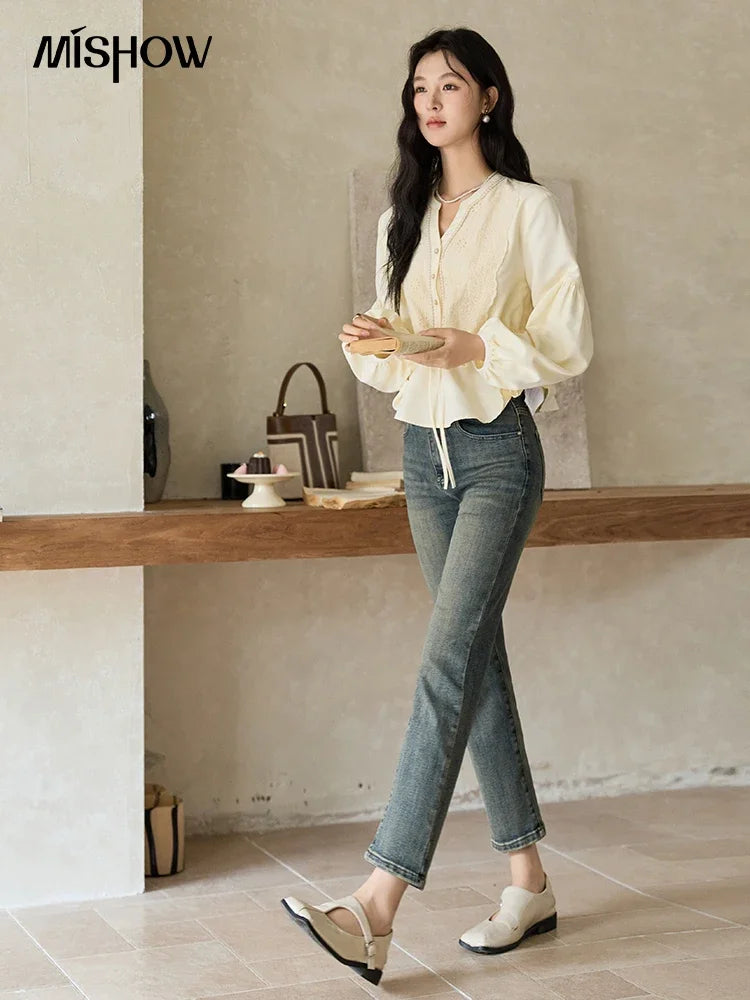 MISHOW Women's French V-neck Blouse Lace Lantern Sleeve Long-sleeved Blouses 2024 Fall Tie Drawstring Waist Slim Tops MXD45X1660