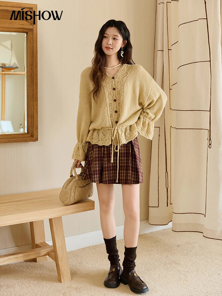 MISHOW Handmade Crochet Sweater Cardigan Autumn Mohair Flare Sleeve Knitted Tops Wave V-neck Lace-up Waist Sweater MXE47Z2513