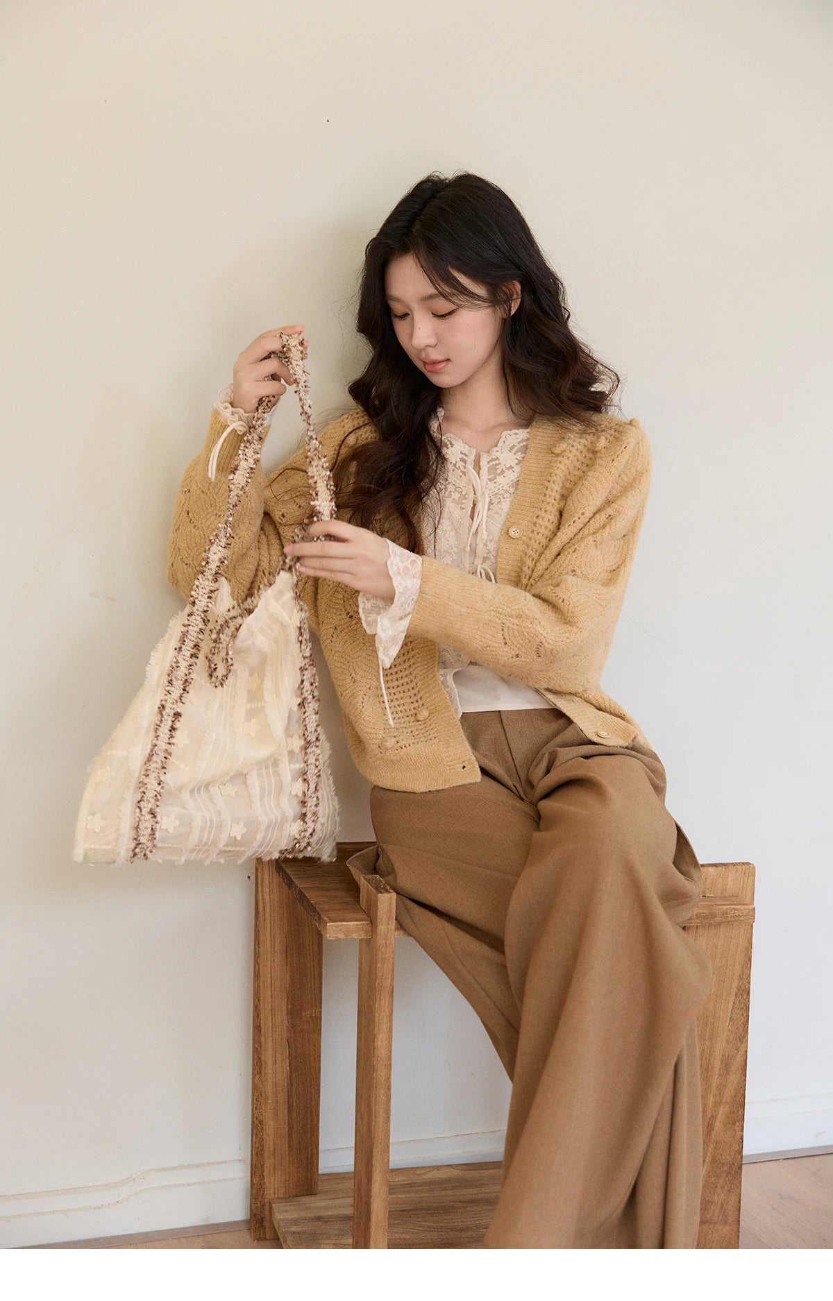 MISHOW Women's Solid Hollow-out Knit Thin Cardigan 2026 Spring V-Neck Bobble Knit tops Casual Loose Knitted Sweater MXF108Z1020