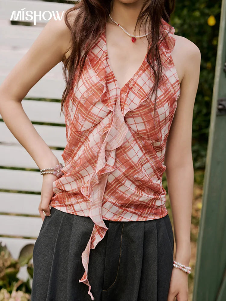 MISHOW French Retro Red Grid Hanging Neck Blouse for Women Summer 2025 Ruffled Edges Backless Blouses Vacation Top MXE34X1785