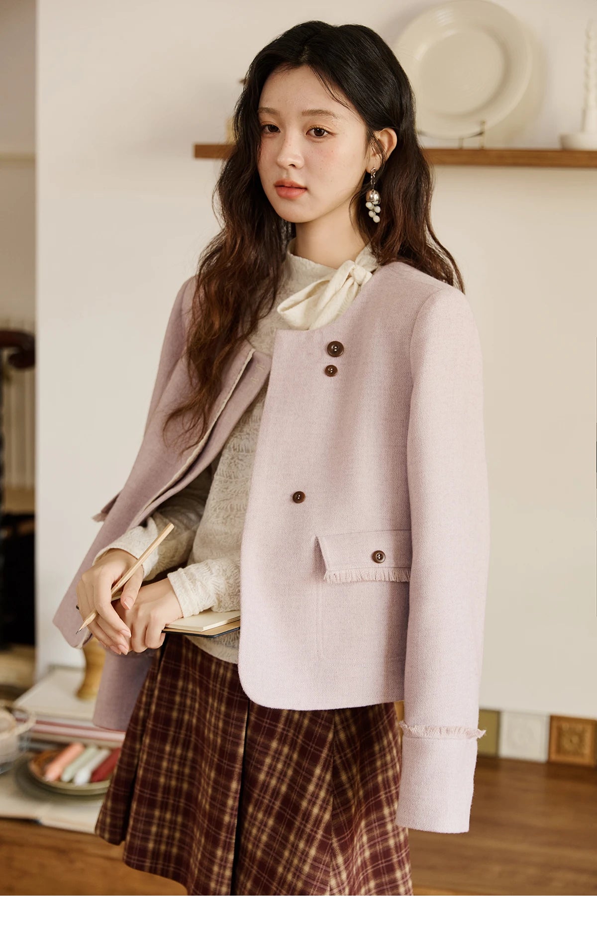MISHOW Purple Woolen Coat for Women Autumn 2025 Slanted Placket Splicing Lace Coats Shoulder Pads Retro Short Jackets MXE47W0840