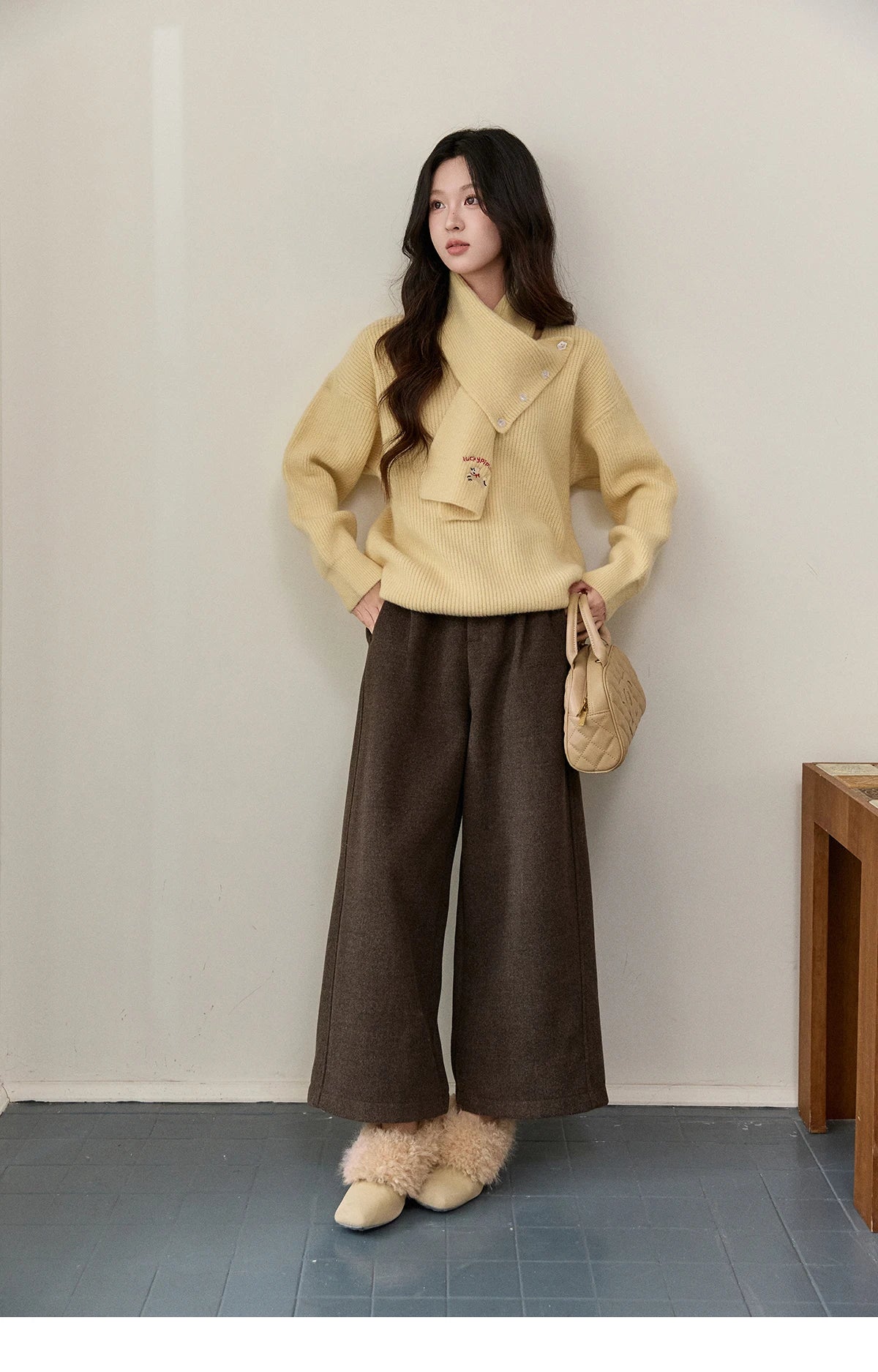 MISHOW Women's Yellow Sweater with Detachable Scarf 2025 Autumn Winter Loose Casual Warm Thickened Knit Pullover MXE93Z2953