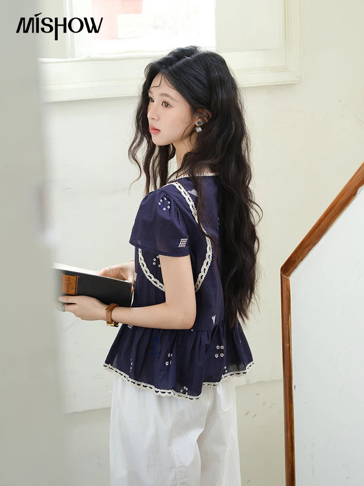MISHOW Women's O-Neck Spliced Lace Blouse 2025 Summer New Fashion Embroidery Flower Casual Loose Top Ladies Clothing MXE39X1965