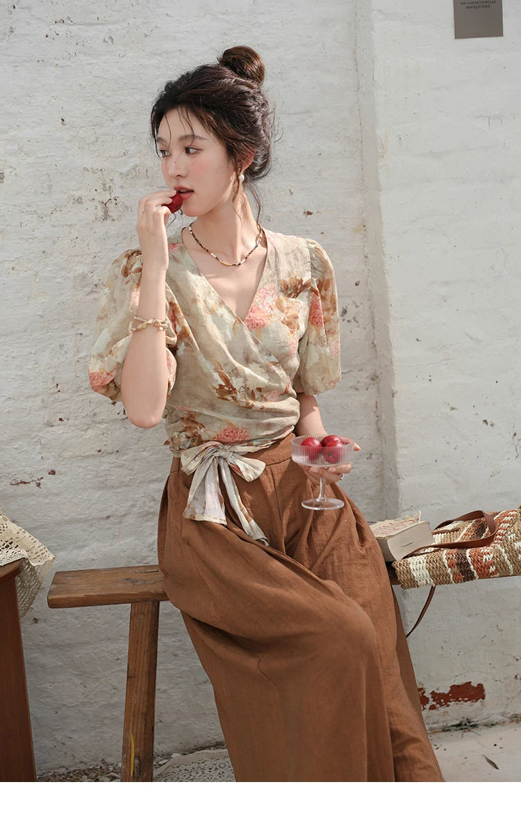 MISHOW French V-neck Floral Tops 2024 Summer Retro Short Sleeved Blouses Female Puff Sleeve Hem Strap One Piece Top MXD28X1619