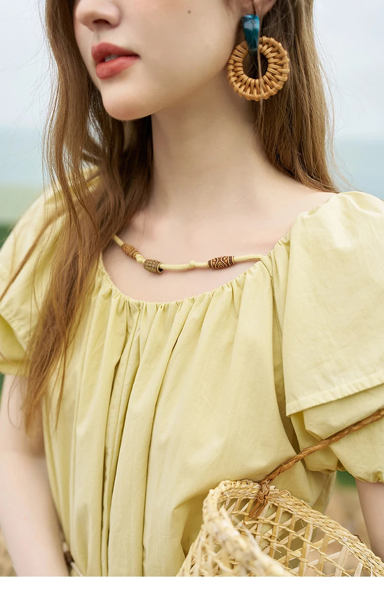 MISHOW 100 Cotton Bohemian Dress 2024 Summer French Elegant Elastic Round Neck Bubble Sleeve Long Dresses with Belt MXD26L1940