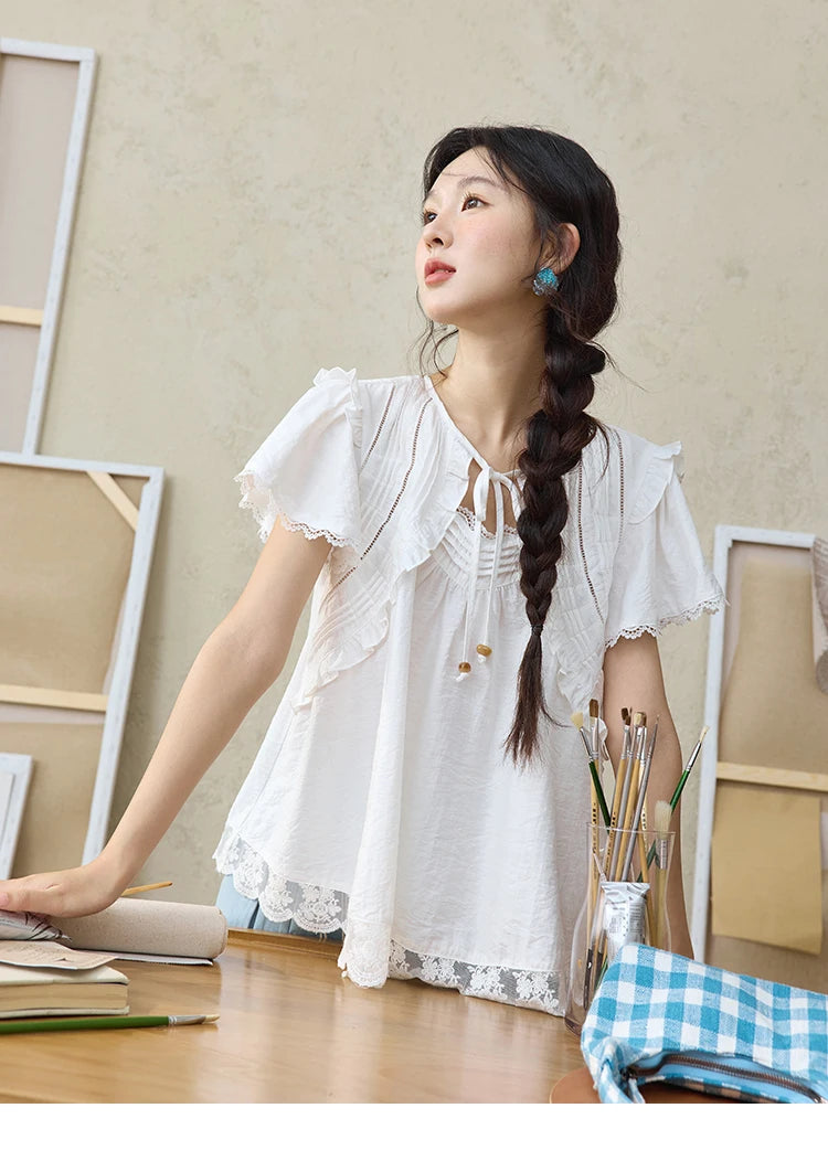 MISHOW White Lace Up Blouse Women's 2025 Summer New Fashion Butterfly Sleeve Hollow Lace Splicing Top Female Clothing MXE34X1784