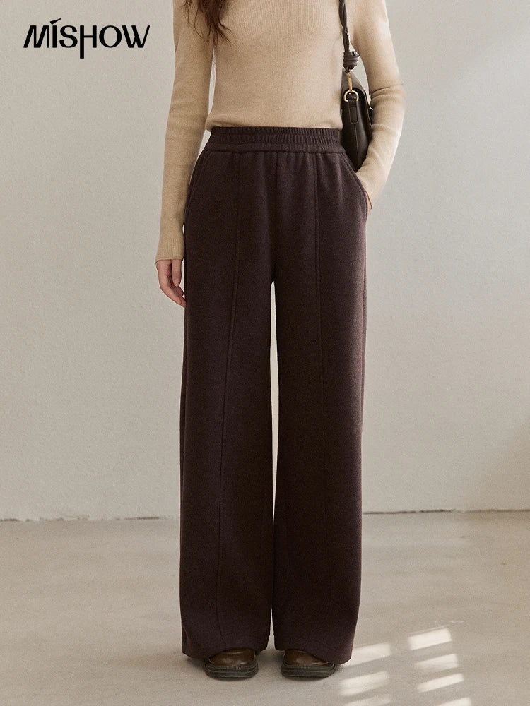 MISHOW High Waist Wide Leg Pants for Women 2025 Winter Casual Loose Thick Fleece Warm Knit Pants Straight Trousers MXE92K1127