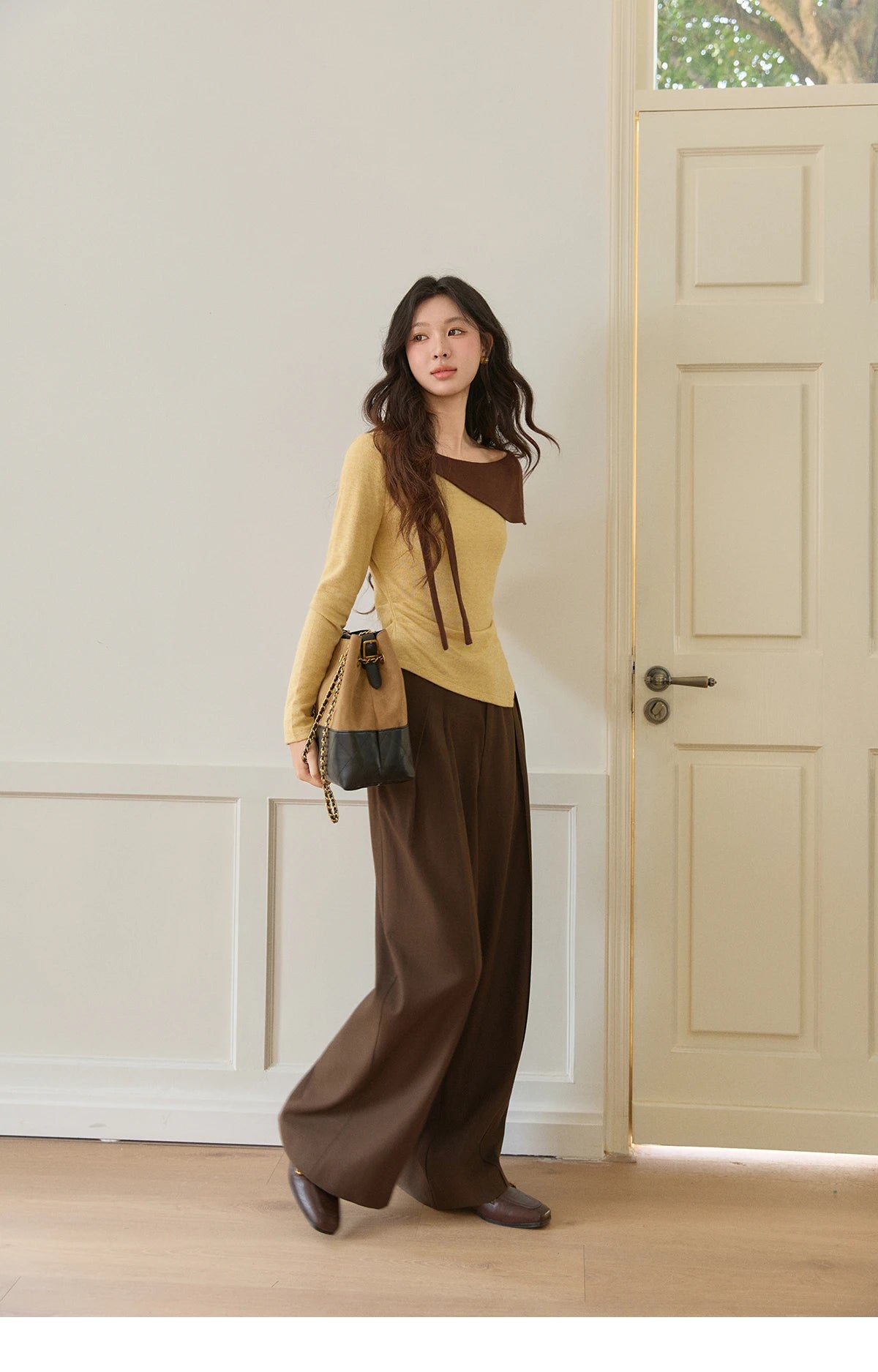 MISHOW Women's Dark Brown Wide Leg Pants 2026 Spring High Waist Pleated Pants Back Elastic Waist Casual Trousers MXF108K1010