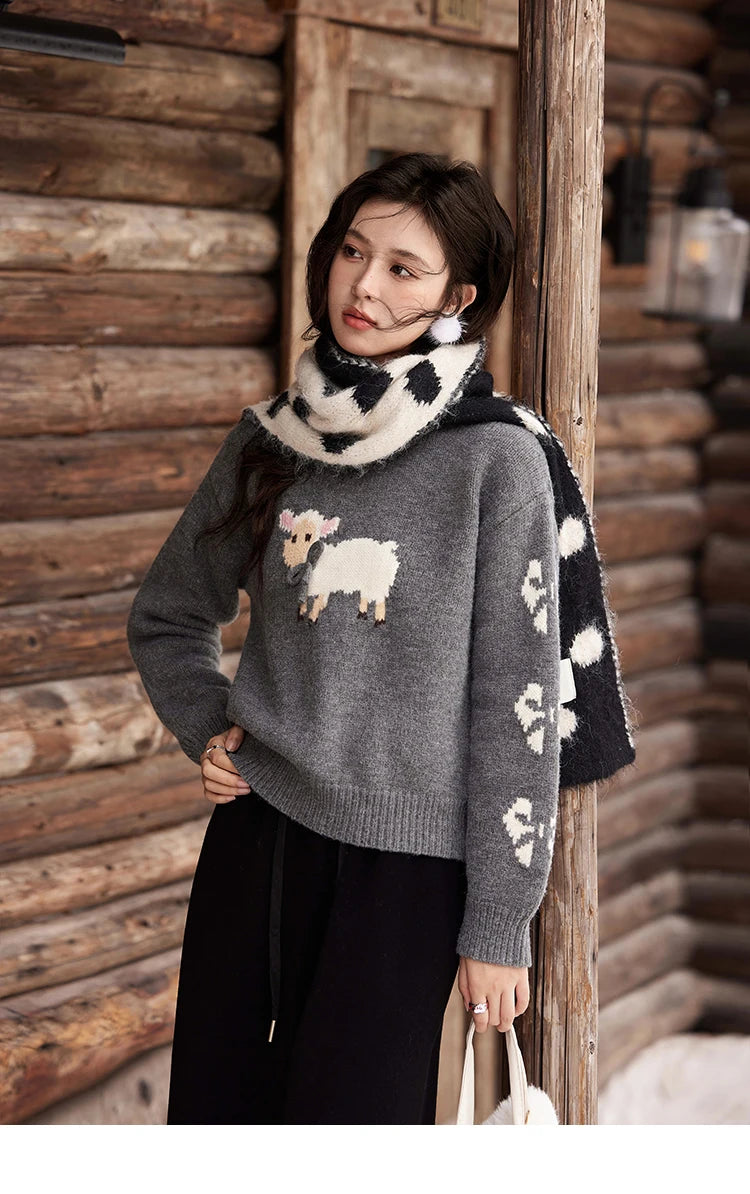 MISHOW Soft Lamb O-Neck Pullovers Color Clash Spliced Knitted Sweater 2024 Winter Women Clothes Thickened Warm Tops MXD59Z1140