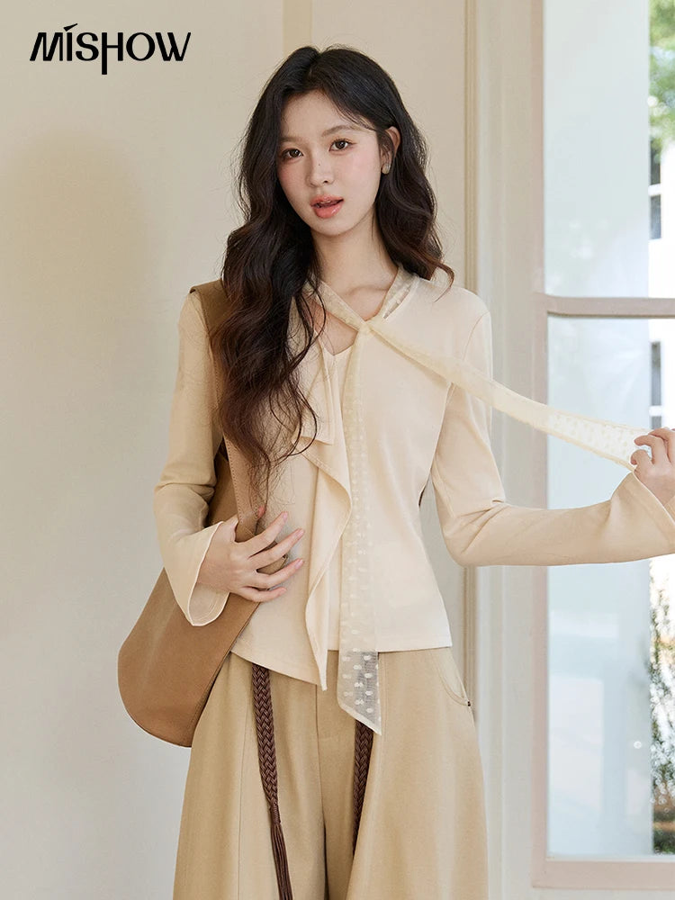 MISHOW Women's V-neck Splicing Lace Ribbon Long Sleeve Tops Spring Ruffled Asymmetrical Hem Flare Sleeve Knitwear MXF108Z1016