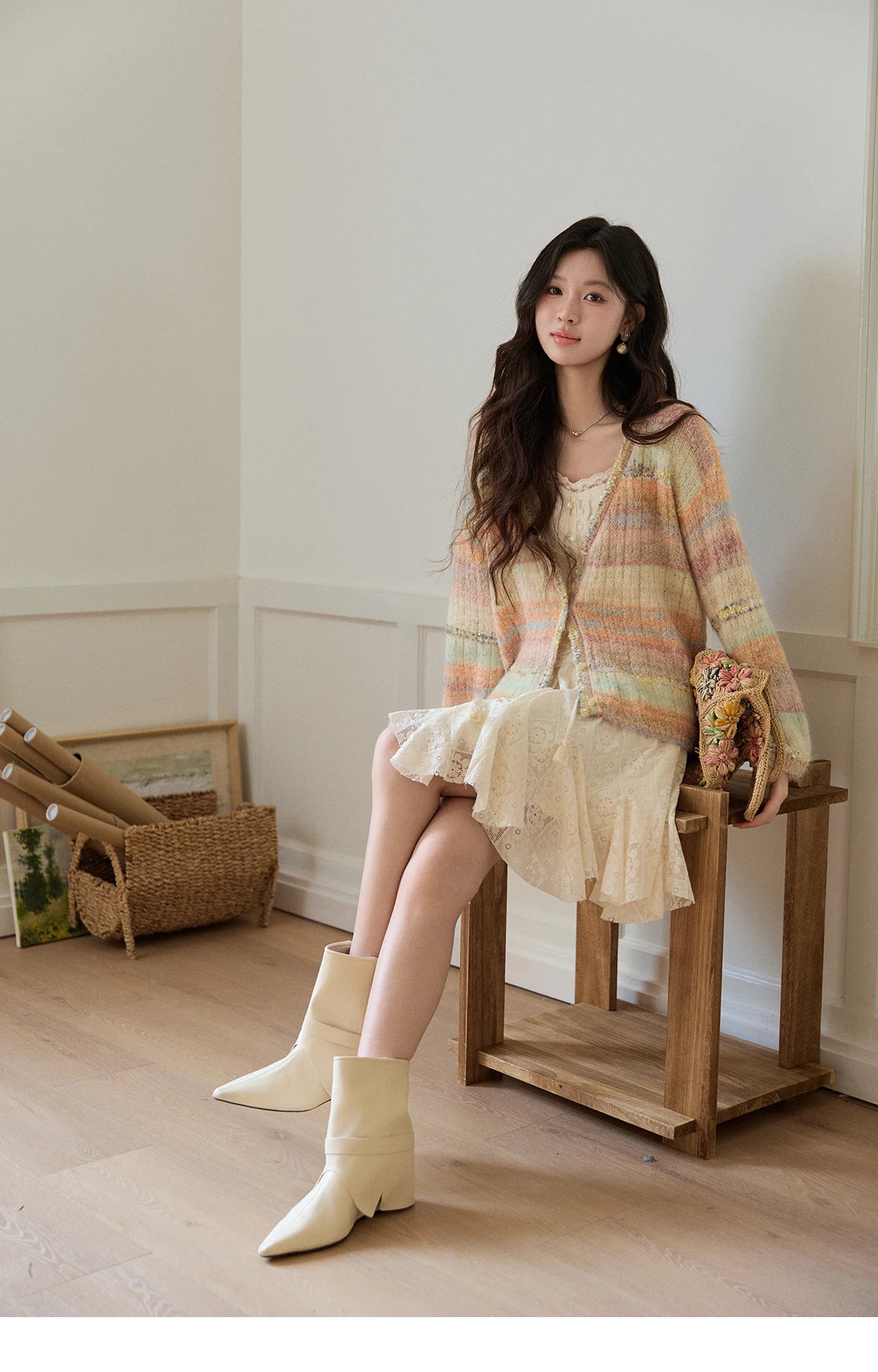 MISHOW Women's Gradient Striped Knit Cardigan 2026 Spring V Neck Single Breasted Casual Thin Soft Rainbow Sweater MXF13Z3019