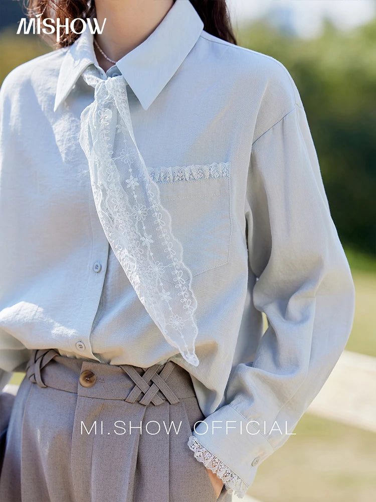 MISHOW French Spring Blouses Women 2025 New Long Sleeve Turn-down Collar Loose Shirts Female Fashion Lace Casual Tops MXE16C0760