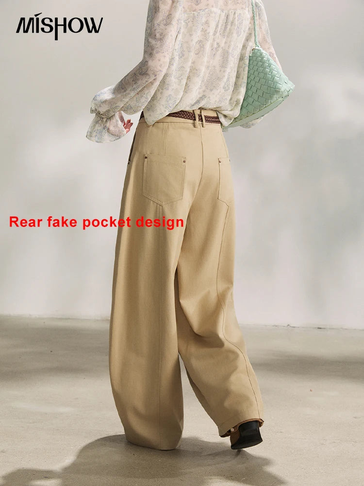 MISHOW Women's Khaki Wide Leg Pants 2026 Spring High Waist Belted Pants Rear Fake Pocket Design Casual Loose Trousers MXF13K1237