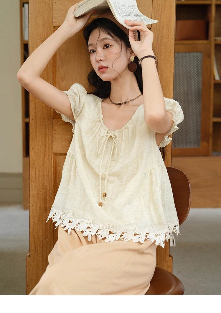 MISHOW Women's French Round Neck Lace Up Blouse 2025 Summer Embroidery Puff Sleeve Flower Spliced Commut Short Top MXE39X1956