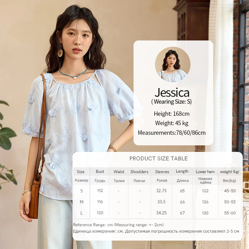 MISHOW Women's Butterfly Embroidery Blouse 2025 Summer New Fashion Hollow Out O-Neck Casual Top Female Clothing MXE36X1878