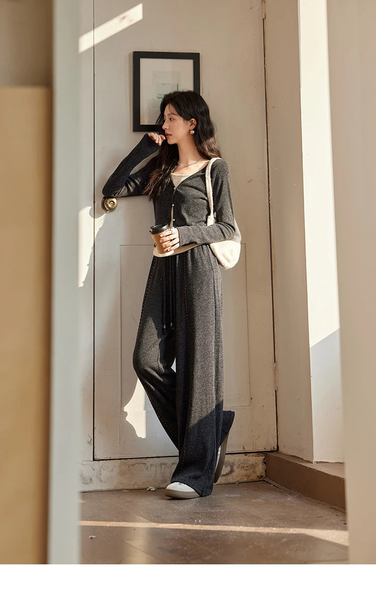 MISHOW Women Casual False Two Pieces Splicing Knit Wide-legged Pants Separately 2024 Fall Winter Elastic Waist Pants MXD35Z0877