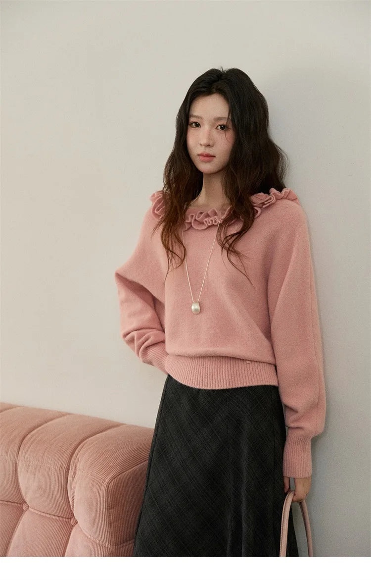 MISHOW Pullovers Women 2025 French Style Orange Lotus Edge Crew Neck Lantern Sleeves Top Slim Luxury Women's Sweaters MXE86Z2726