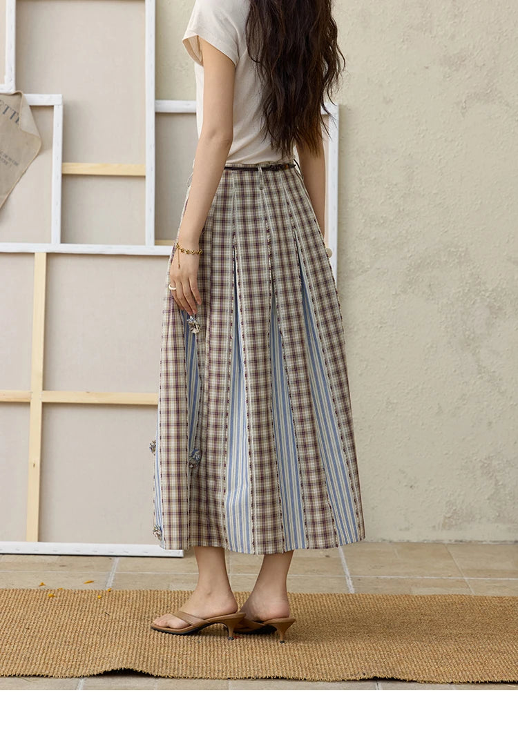 MISHOW Retro Plaid Patchwork Pleats Skirt Summer 2025 Versatile Flowers Slim Skirt A-LINE Skirts Excluding Waist Belt MXE35B0726
