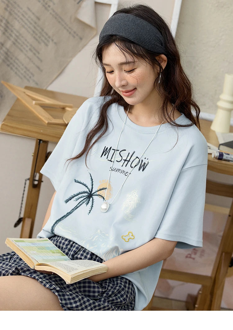 MISHOW Casual Print T-shirts Women 2025 Summer New Short Sleeve Round Neck Coconut Tree Pattern Shirt Woman Holiday MXE31T0516