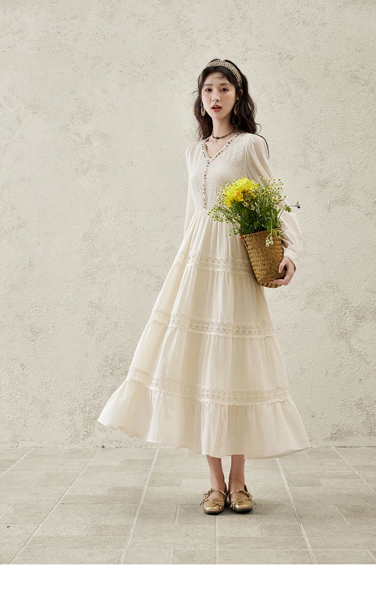 MISHOW Apricot Vacation Dress for Women Spring 100 Cotton Splicing Lace Retro Dress V-neck Waist Slim Long Dresses MXE16L2168