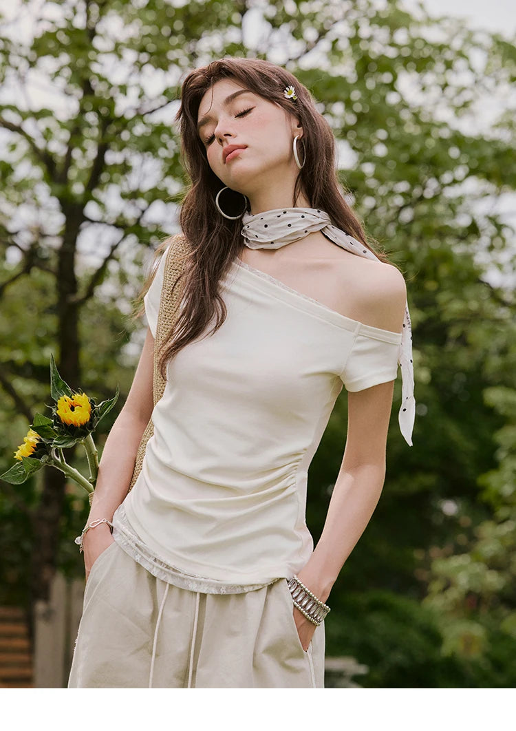 MISHOW Sexy Summer New T-shirts Women 2025 Short Sleeve Skew Collar Off-shoulder Lace Shirt Female Versatile Thin MXE31T0503