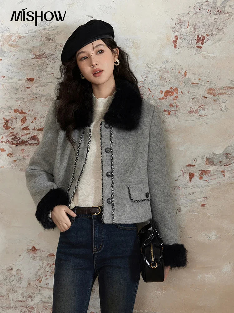 MISHOW Short Tweed Jacket Temperament Midi Skirts Separately Color Clash Lace Design Winter Skirt Thickened Coat MXD54W0553