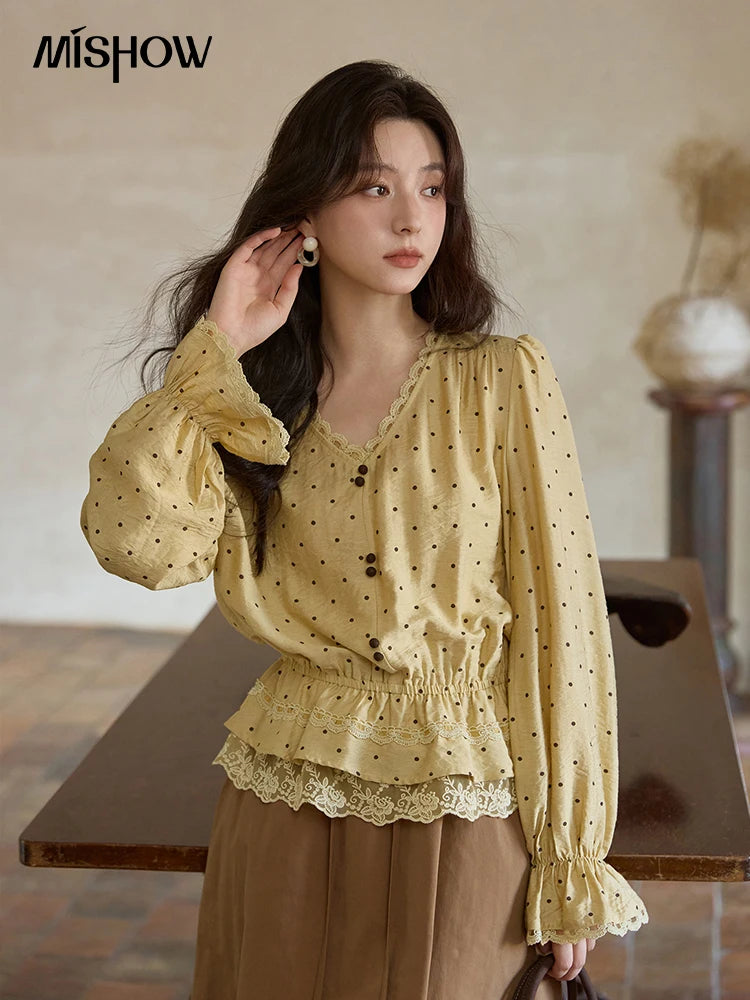MISHOW Yellow Polka Dot Linen Blouse V-Neck Flare Sleeve MXE42X1975