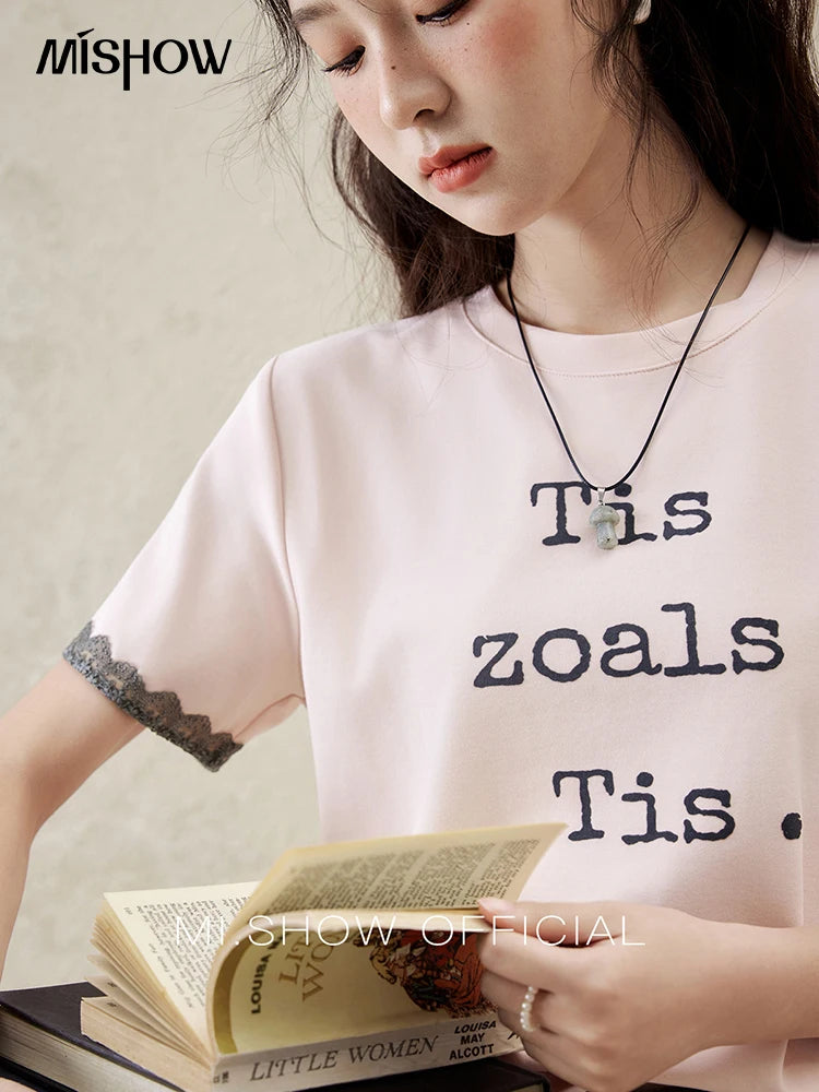 MISHOW Casual Pink Letter T-shrit Women Summer 2025 New Short Sleeve Round Neck Shirts Woman Fashion Lace Tops Lady MXE32T0529