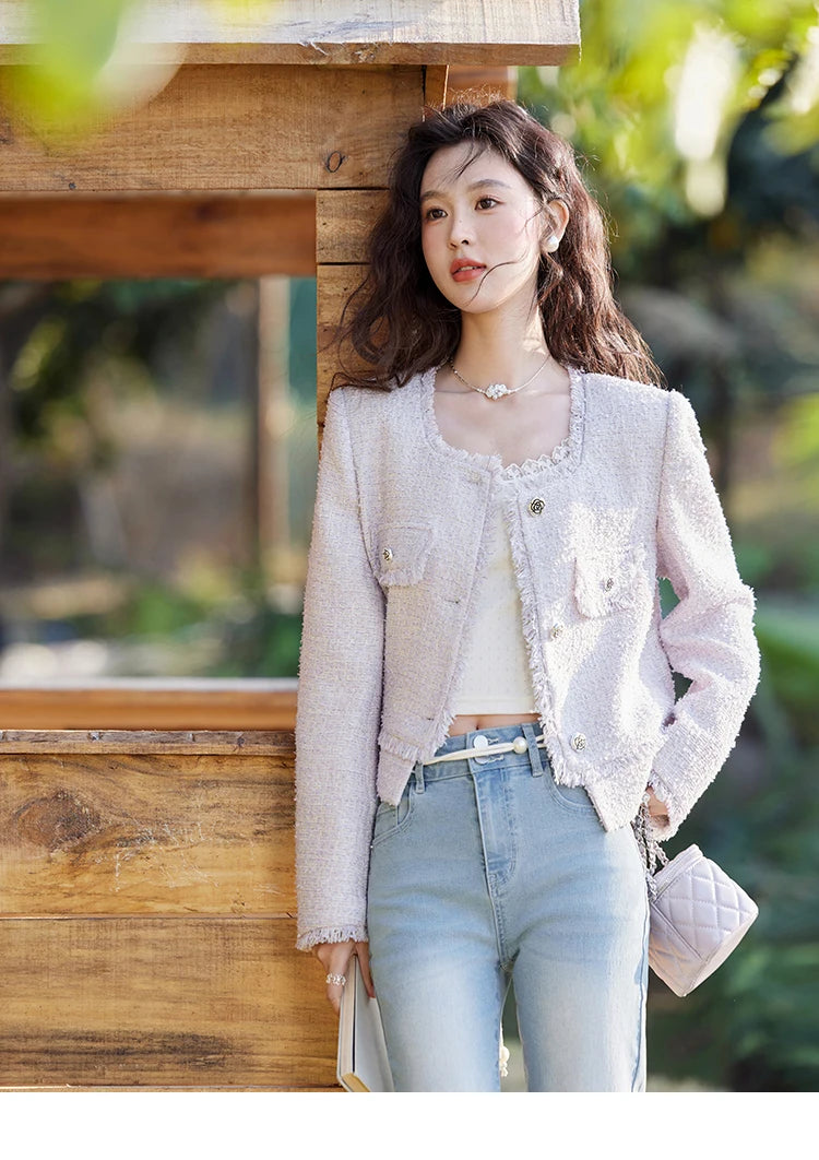 MISHOW Tassel Fragrant Coat for Women 2025 Spring Rose Buckle Weave Short Coats Elegant Square Neck Straight Coats MXE13W0733