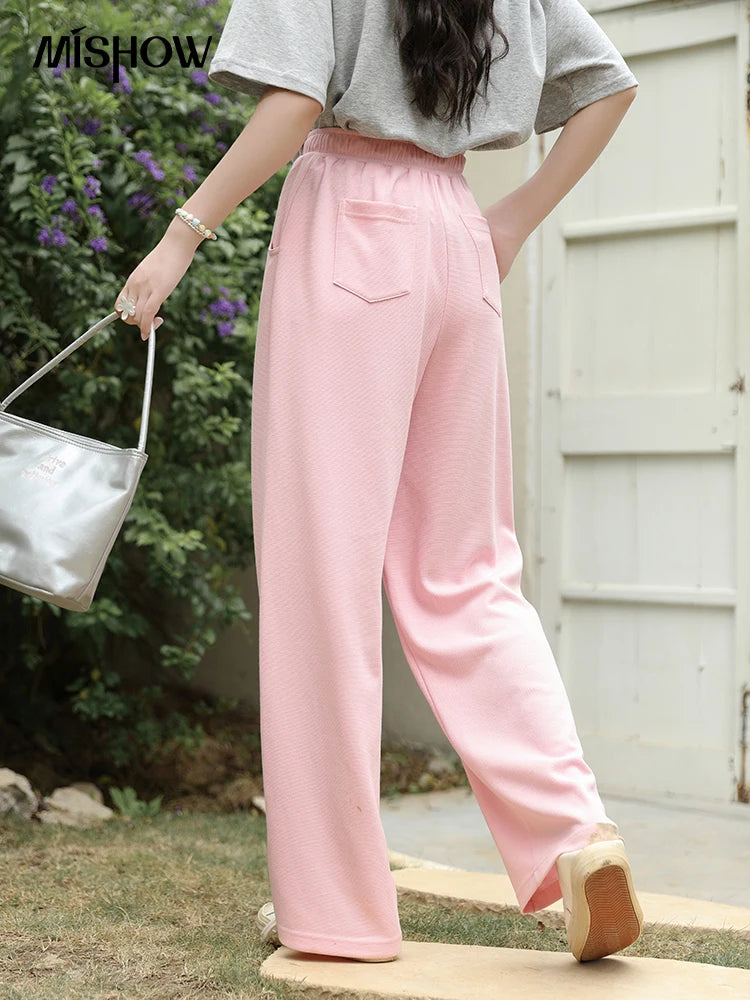 MISHOW Waffle Texture Fabric Loose Versatile Pants Summer Pocket Embroidered Elastic Waist Drawstring Casual Trouser MXD14K0608