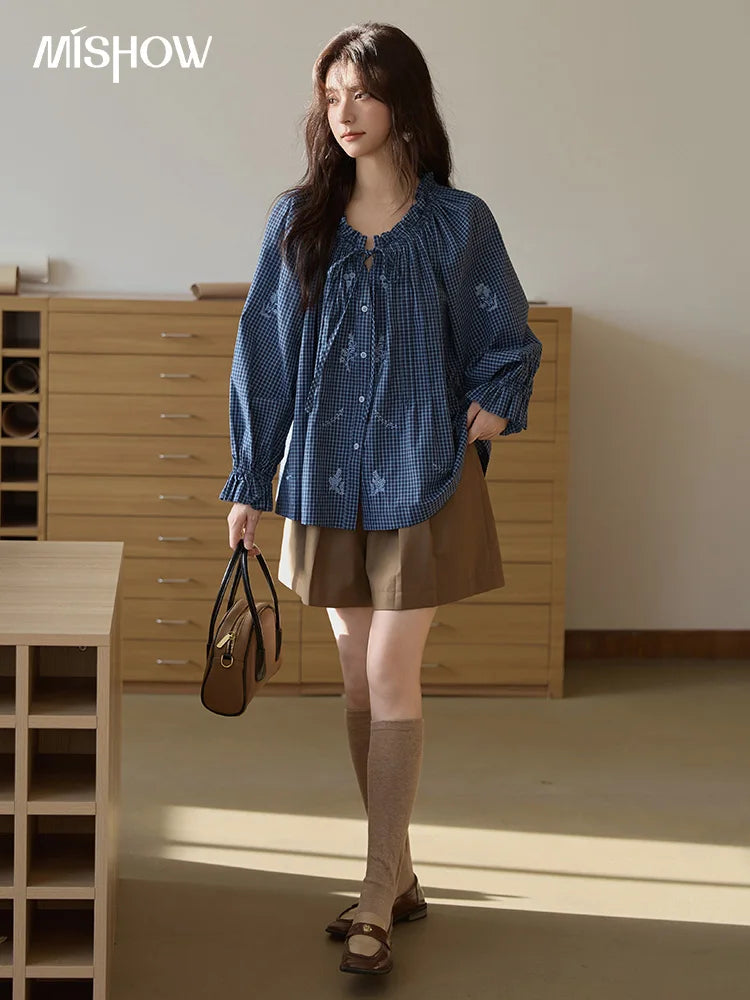 MISHOW Blue Plaid Embroidered Shirt Autumn 2025 Black Fungus Edge Collar Lace-up Doll Shirt 100cotton Loose Retro Top MXE44X2467