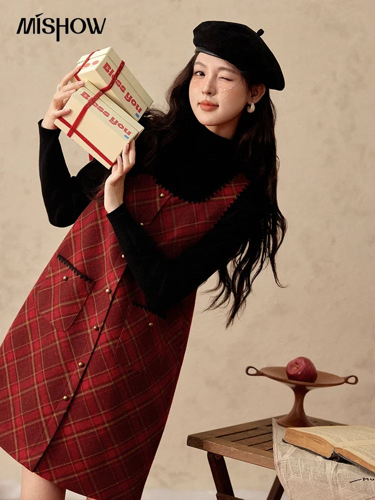 MISHOW Plaid Dress for Women Winter 2024 Contrasting Color Square Neck Plaid Dresses Woolen Sleeveless Vest Dress MXD58L2078