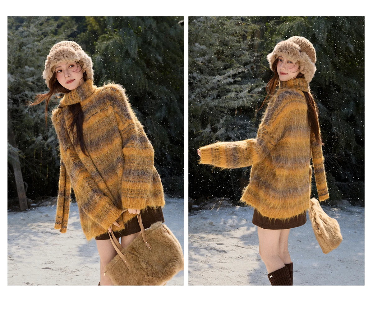 MISHOW Retro Yellow Gradient Blurred Striped Sweater with Scarf Winter 2025 Brushed Wool Blend Soft Warm Sweater MXE91Z2842