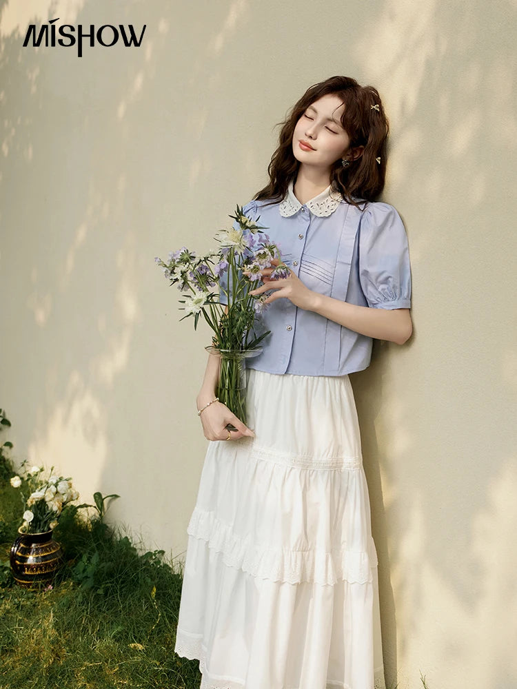 MISHOW Women's Summer Button Up Shirt Puff Sleeve Blouse Lace Lapel French Retro Contrast Top Korean Popular Clothes MXD26X1451