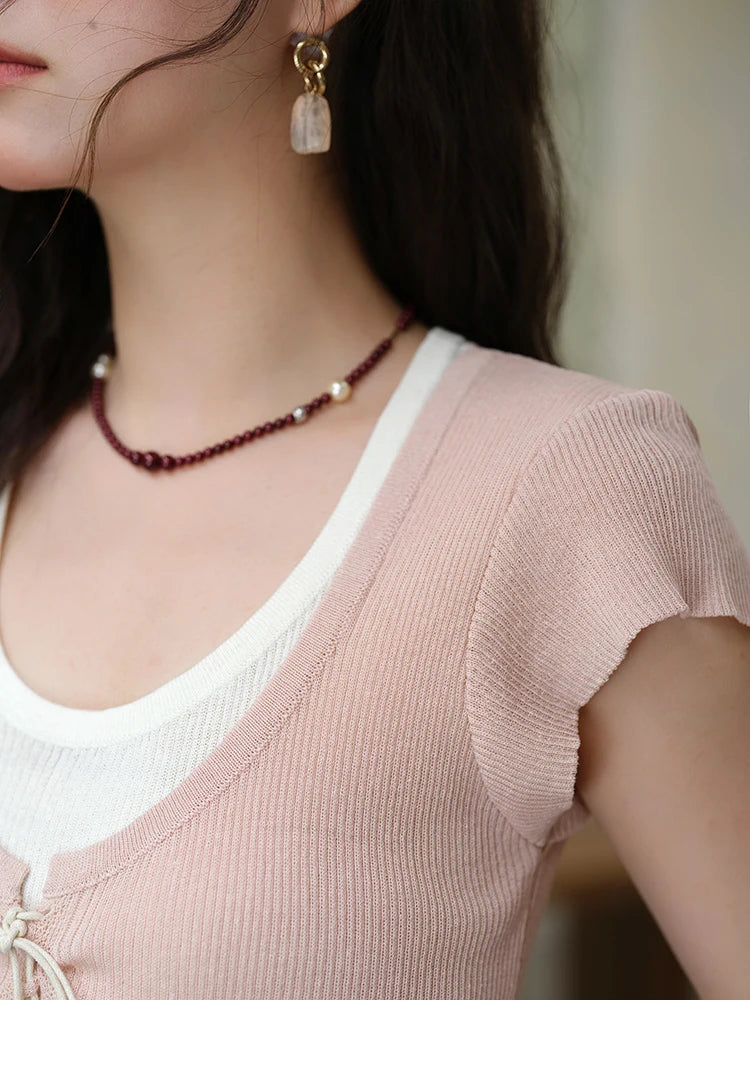 MISHOW Round Neck Patchwork Knitt Sweater for Women 2025 Summer Flying Sleeve Lace Up Versatile Top Female Clothing MXE37Z1278