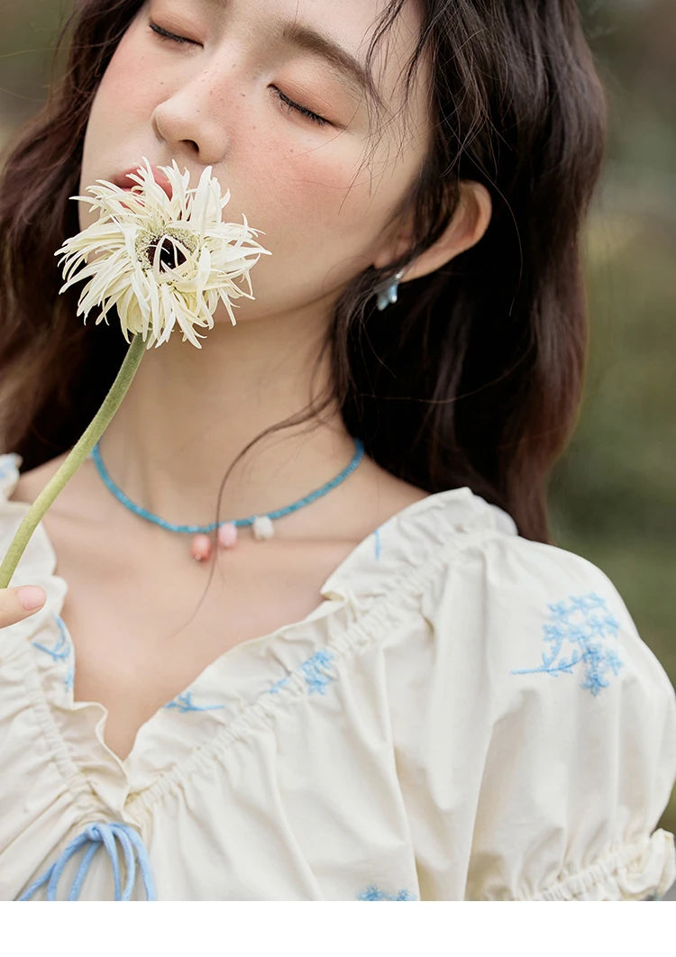 MISHOW French Print Summer Dresses for Women 2025 New Short Puff Sleeve V-neck Slimming Dress Female Fashion Cotton MXE32L2210