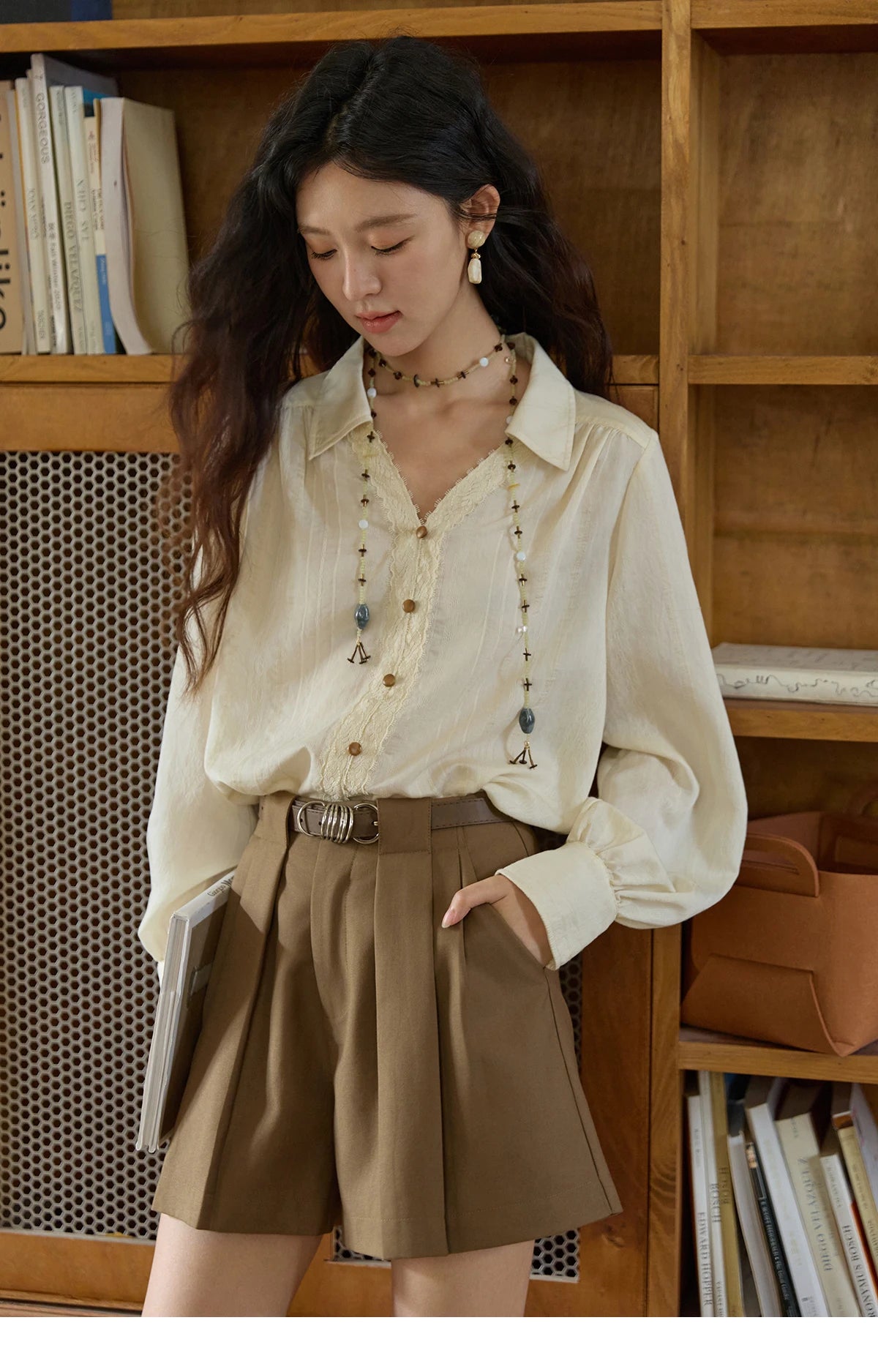 MISHOW Women's French V Neck Lace Panels Shirts 2025 Autumn Elegant Long Sleeve Apricot Top Office Chic Loose Shirt MXE43X2474