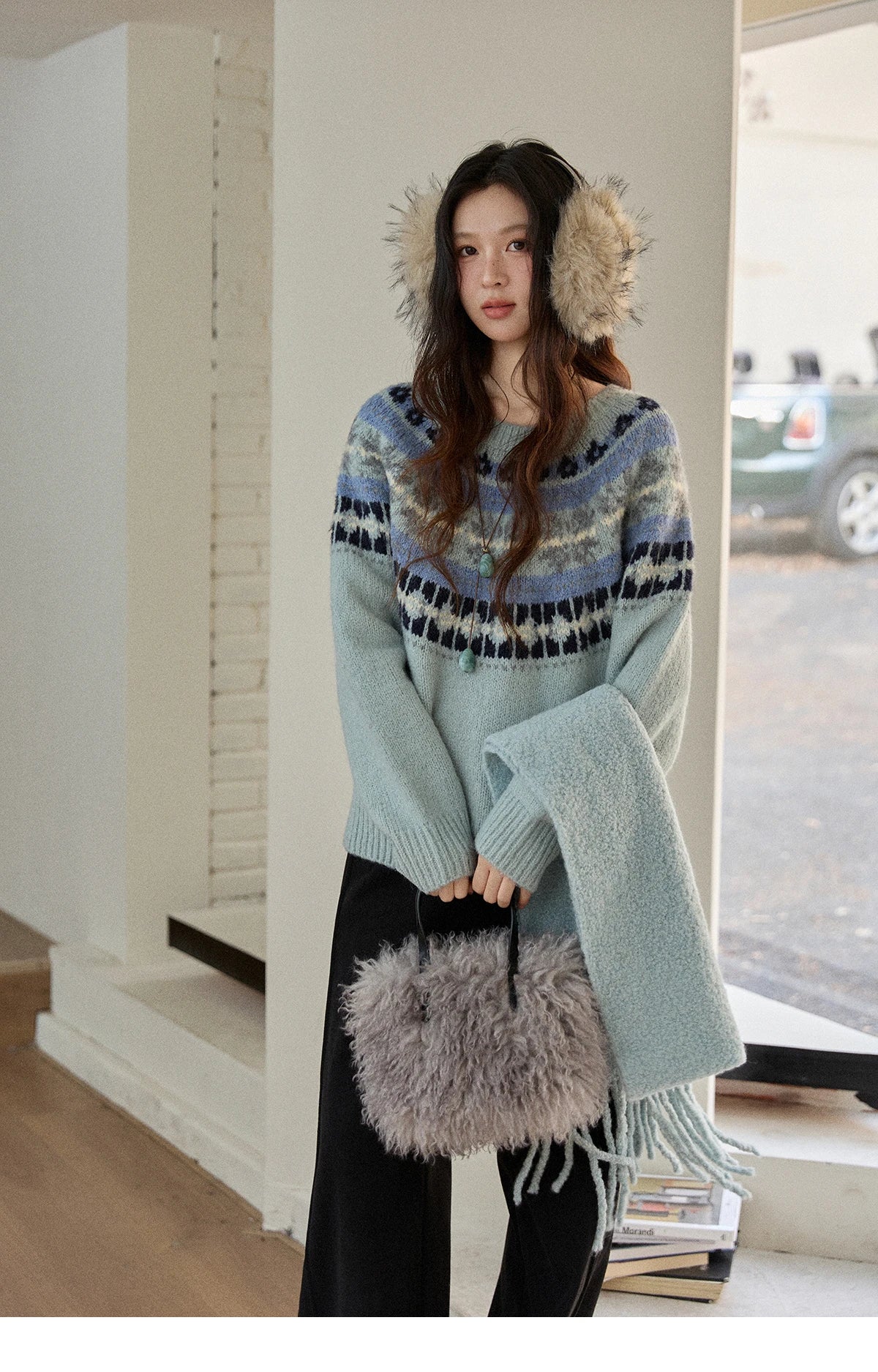 MISHOW Women's Blue Fair Isle Sweater 2025 Winter Geometric Jacquard Loose Retro Wool Blend Knit Pullovers Sweaters MXE87Z2767