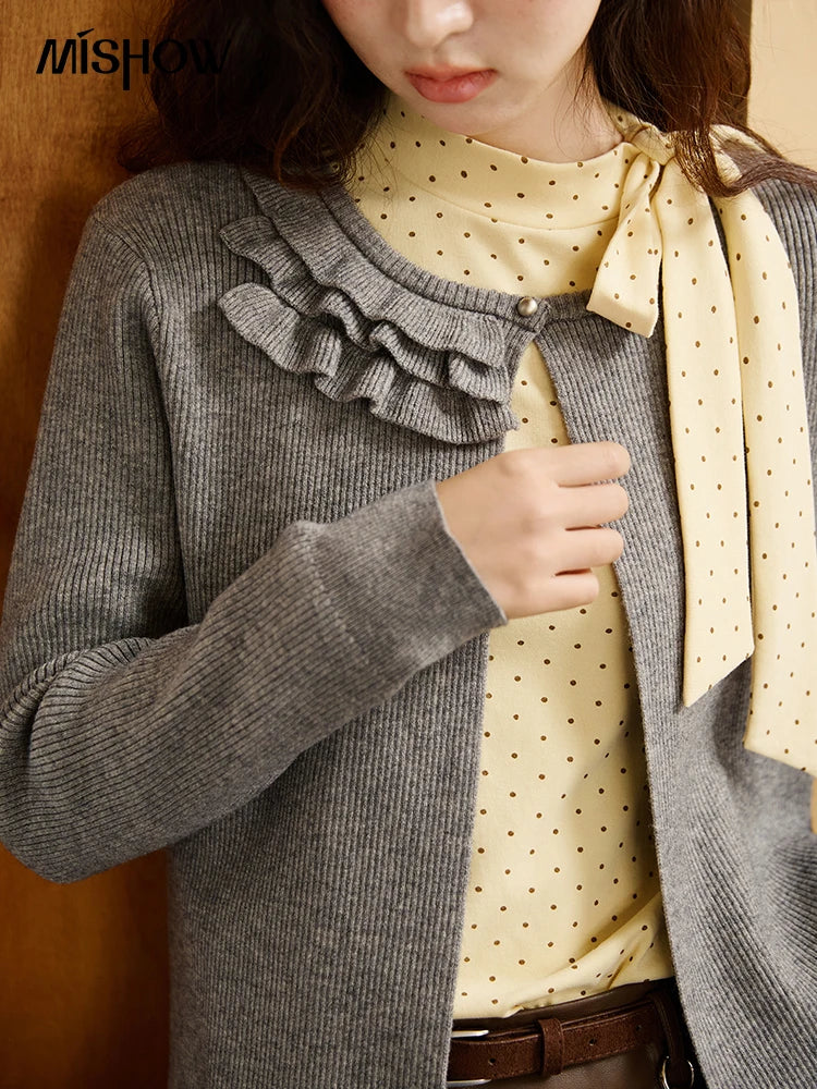 MISHOW Gray Knitted Cardigan Women 2025 Autumn Winter New Ruffled Collar Floral Yarn Striped Loose Lazy Casual Tops MXE45Z1378