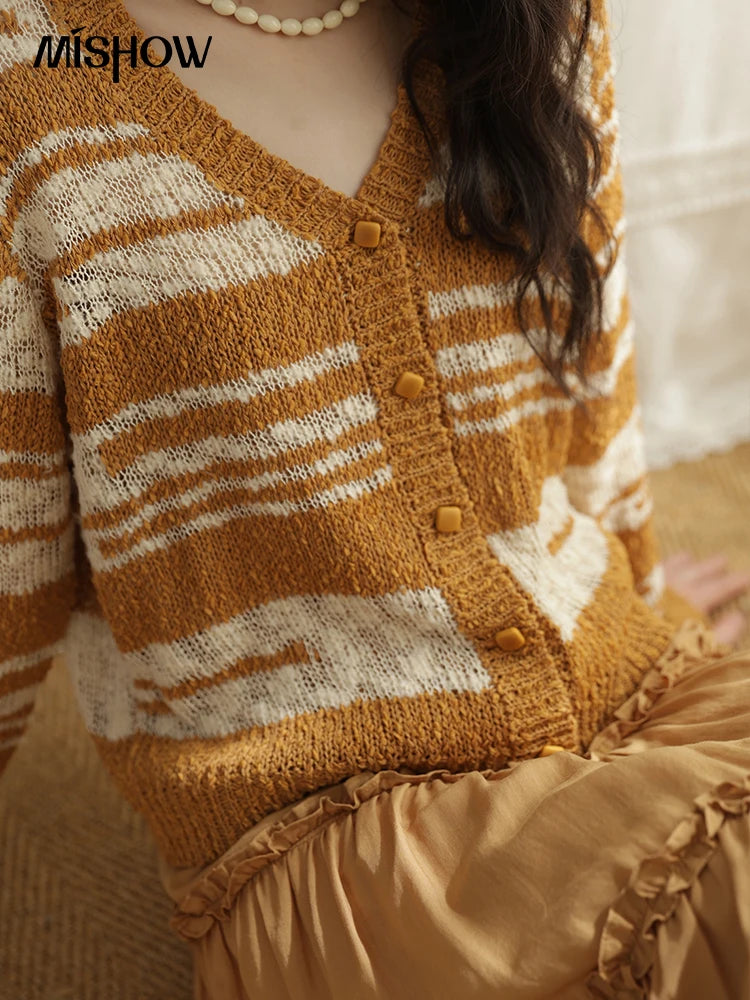 MISHOW Women's Striped Cardigan 2025 Autumn New Retro Yellow V-neck Long Sleeves Single-breasted Short Sweater Coats MXE44Z2516