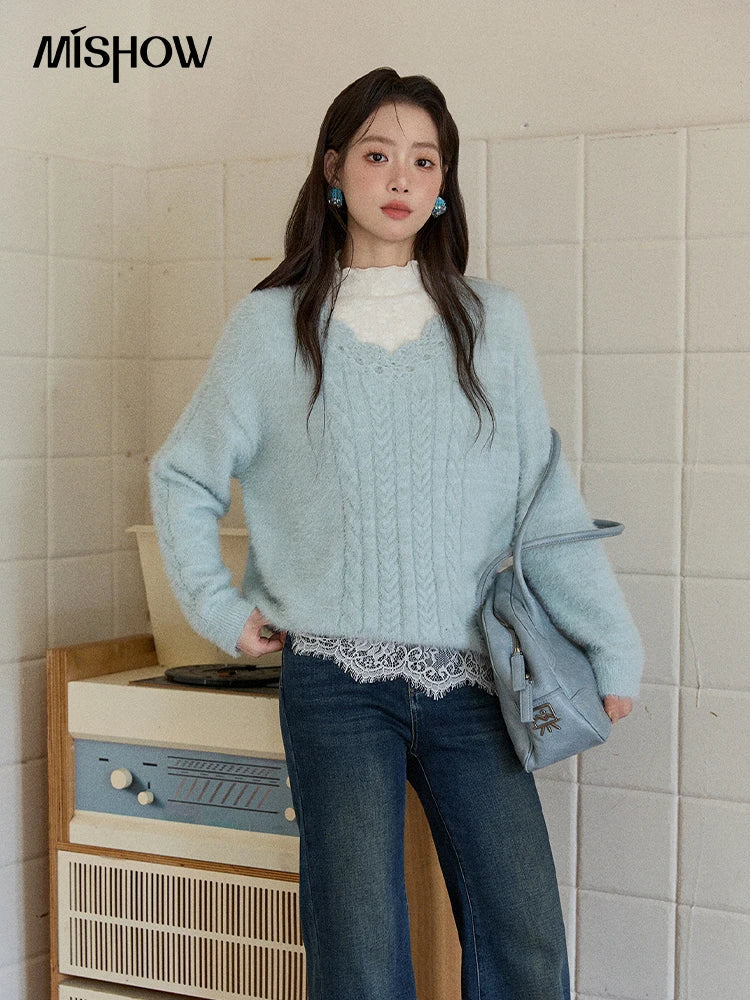 MISHOW Fashion Pullover Women 2025 Autumn Winter Apricot Soft Loose V-neck Cable Knit Sweater Office Lady Loose Top MXE51Z2594