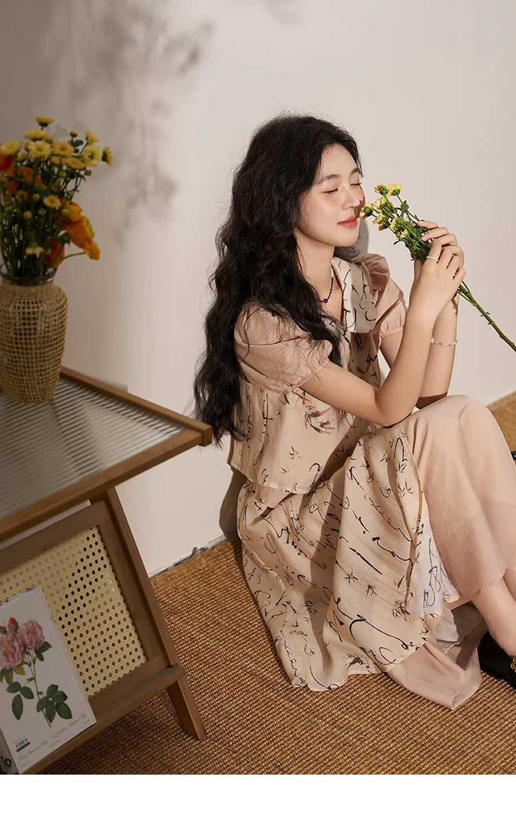 MISHOW Chinese Polo Neck Top Asymmetric Fork Skirt Separately Summer Floral Puff Sleeve Shirt High Waist A-line Skirt MXD22X1396