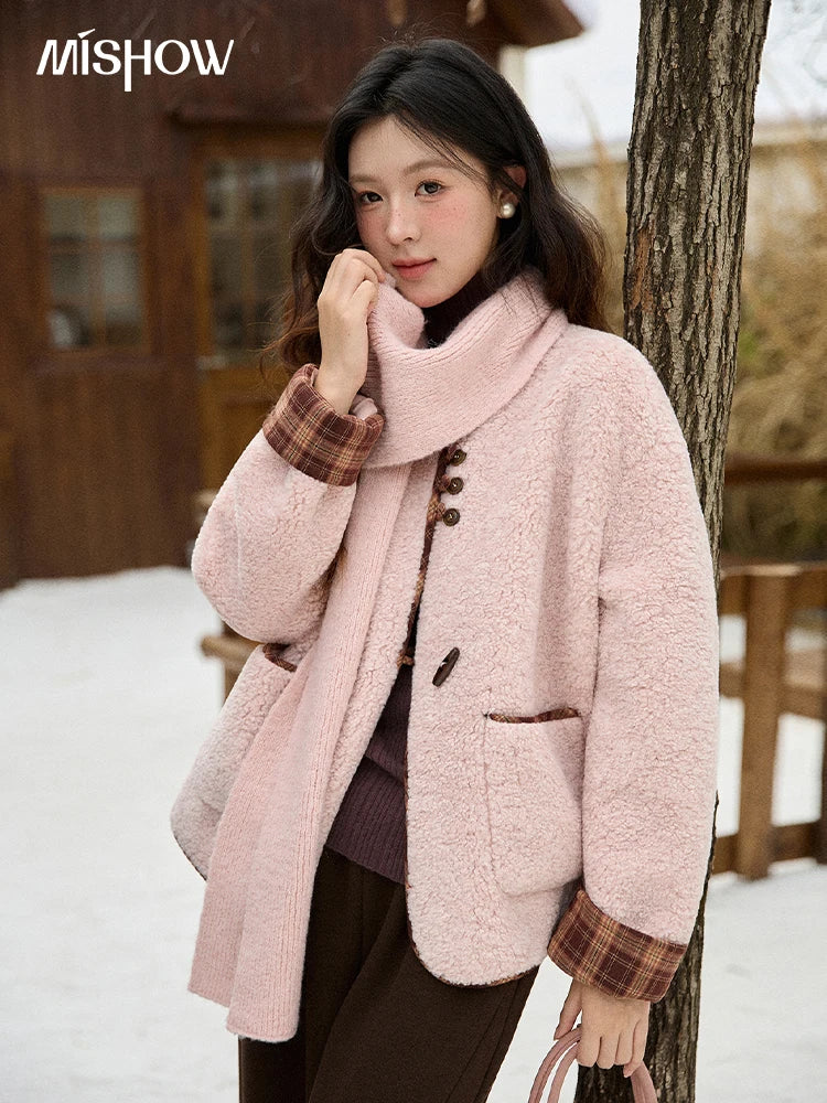 MISHOW Woman Plaid Patchwork Lamb Wool Coat 2025 Winter Round Neck Coat Commute Warm Loose Jacket (Without A Scarf)MXE90W0923