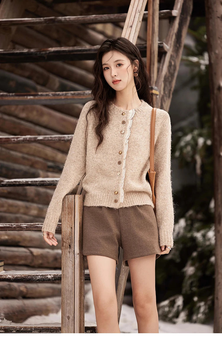 MISHOW Spliced Lace Knitted Cardigan O-Neck Sweaters Women Button Design Temperament Long Sleeved Tops Office Lady MXD58Z0998