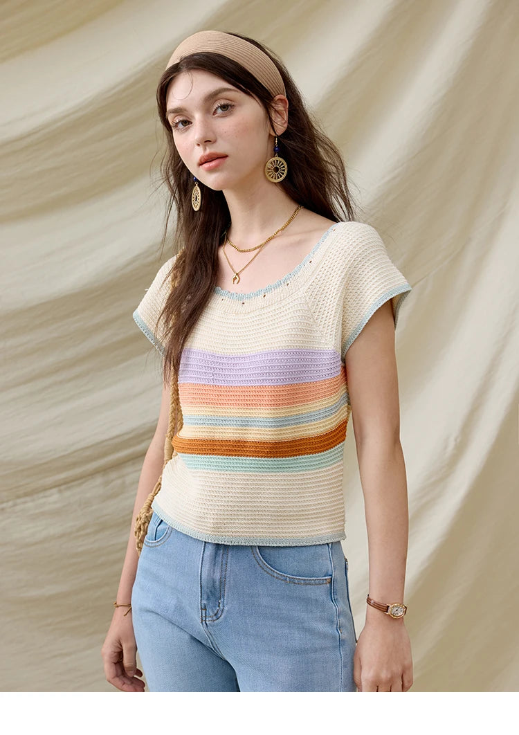 MISHOW Casual Stripe Knitted Pullover Women Summer New 2025 Short Sleeve Round Neck Slimming Tops Female Office Lady MXE31Z1222