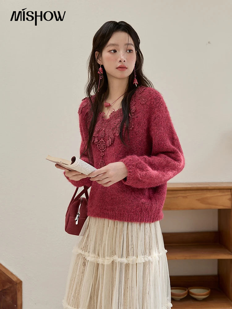 MISHOW Pink Lace Wool Sweater for Woman 2025 Winter Sweet Style V-neck Pullover Casual Loose Lantern Sleeve Sweater MXE51Z2632