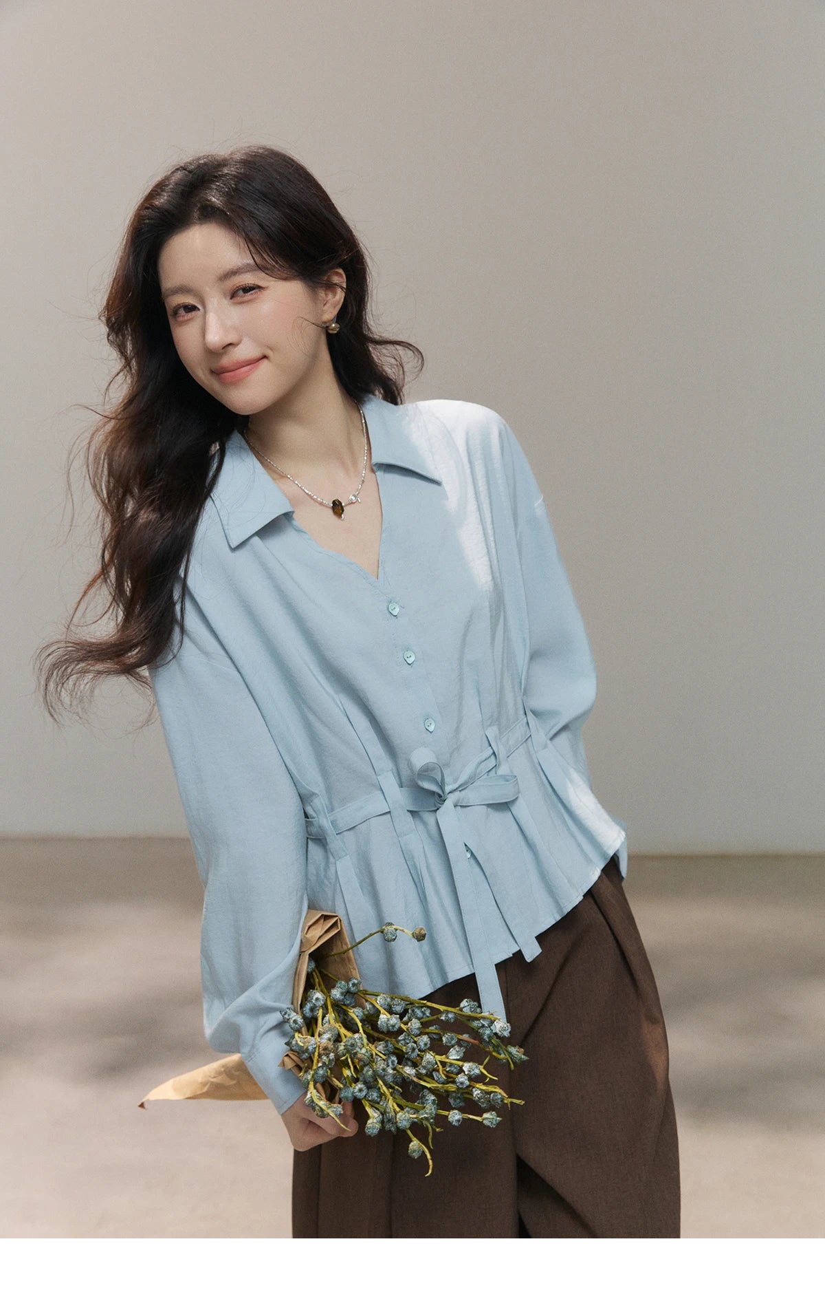 MISHOW Women's Light Blue Lyocell Shirt 2026 Spring Polo Neck V-neck Belted Waist Shirt Casual Peplum Long Sleeve Top MXF13C2437