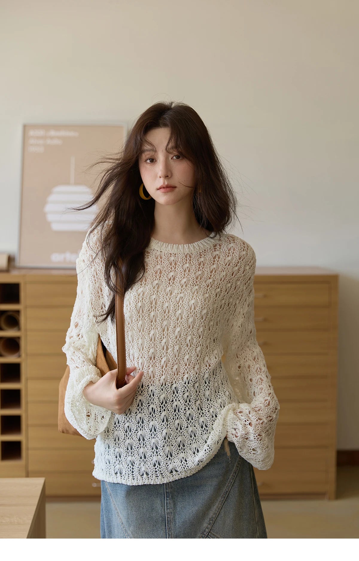 MISHOW Women's Hollow Knitted Tops 2025 Autumn Jacquard Weave Breathable Top Solid Dropped Sleeve Knitted Sweaters MXE43Z1360
