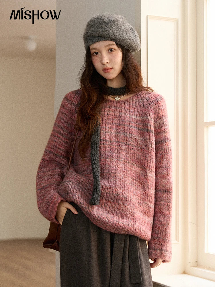 MISHOW Women's Blue Sweater 2025 Winter Fashion Loose Crew Neck Long Sleeve Pullover Pullovers Soft Versatile Top MXE86Z2733