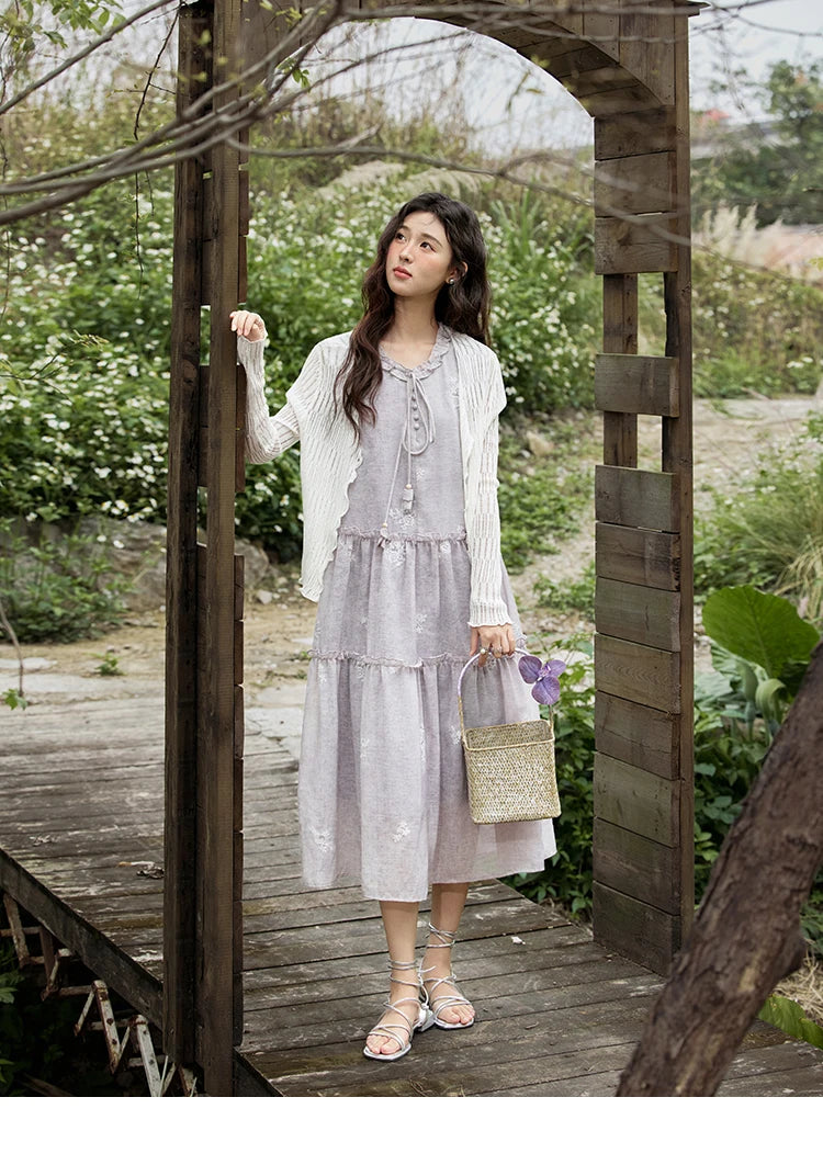 MISHOW Summer Embroidered Dress for Women 2025 New Round Neck Ruffled Sleeveless A-line Midi Dresses Female Fashion MXE33L2231